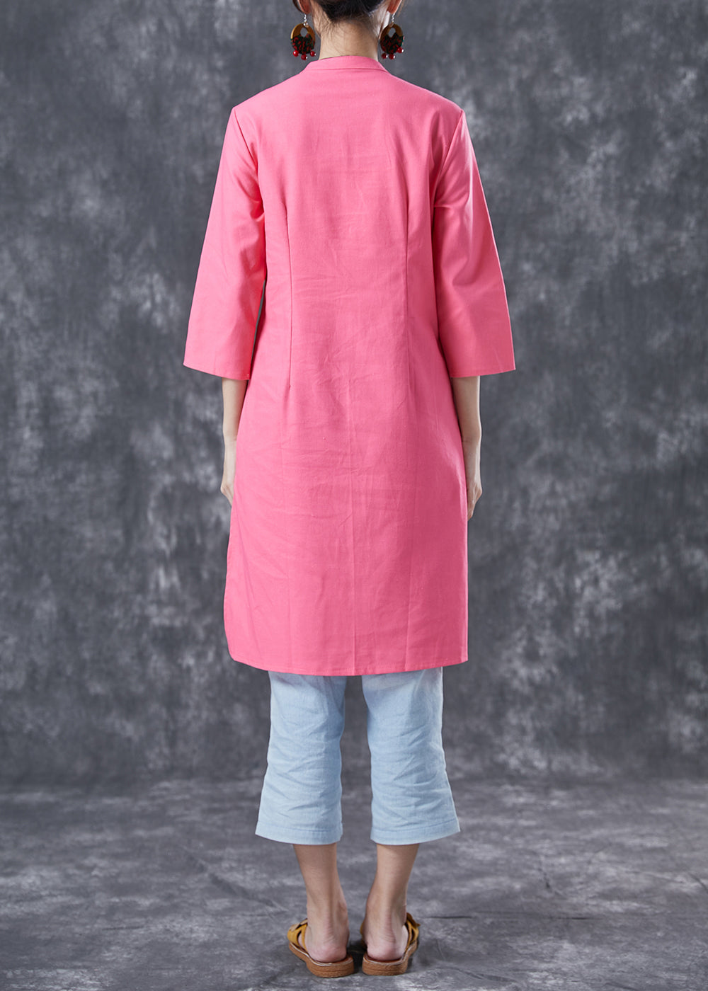 Casual Pink V Neck Button Cotton Shirt Dresses Bracelet Sleeve LY4062 - fabuloryshop