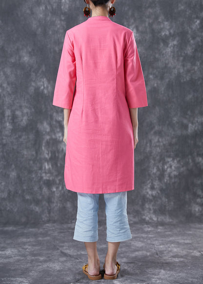 Casual Pink V Neck Button Cotton Shirt Dresses Bracelet Sleeve LY4062 - fabuloryshop