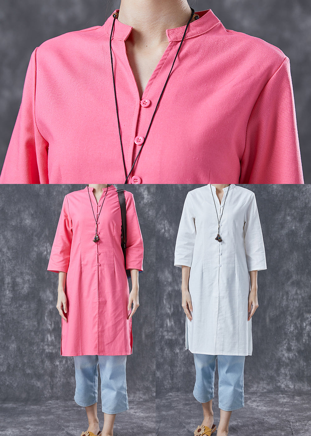 Casual Pink V Neck Button Cotton Shirt Dresses Bracelet Sleeve LY4062 - fabuloryshop