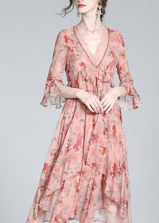 Casual Pink V Neck Print Tie Waist Silk Long Dresses Spring LY0136 - fabuloryshop