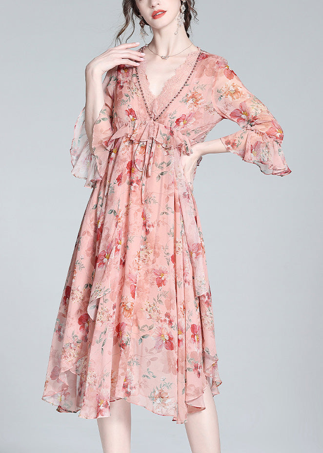 Casual Pink V Neck Print Tie Waist Silk Long Dresses Spring LY0136 - fabuloryshop