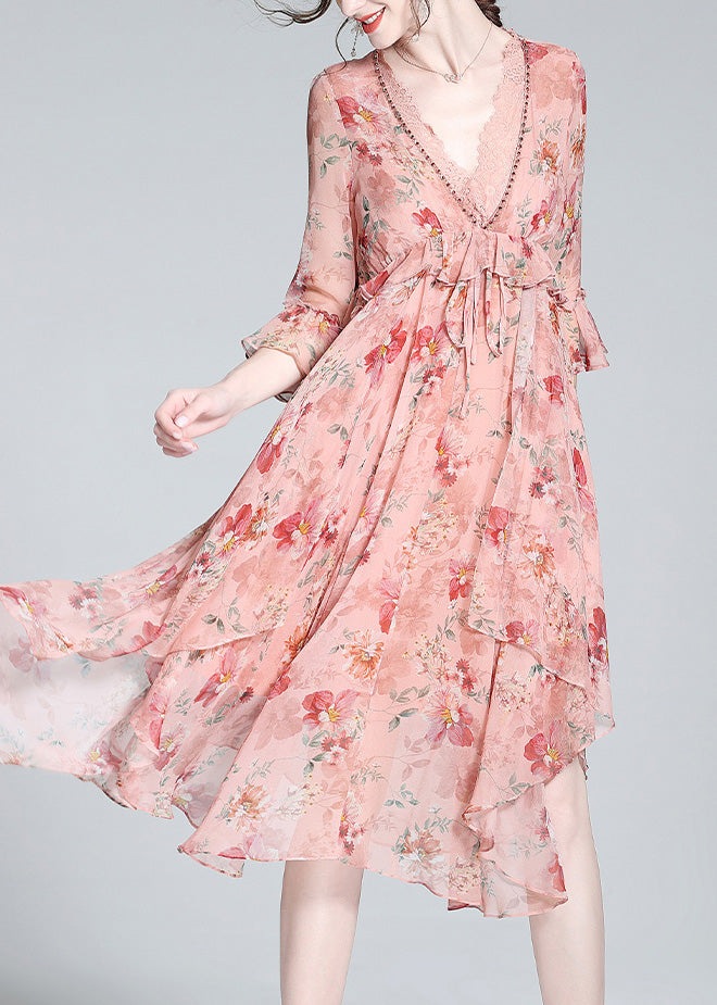 Casual Pink V Neck Print Tie Waist Silk Long Dresses Spring LY0136 - fabuloryshop