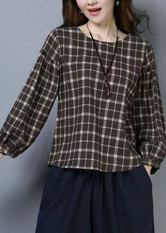 Casual Plaid O Neck Patchwork Cotton T Shirts Tops Long Sleeve LY6708 - fabuloryshop