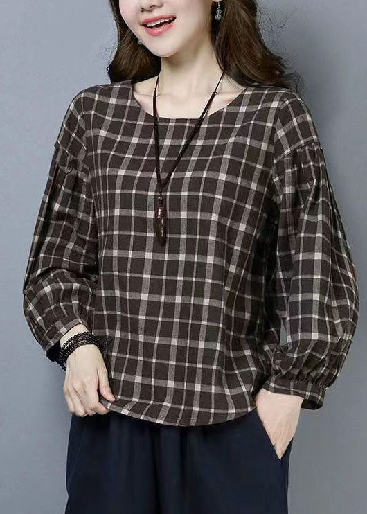 Casual Plaid O Neck Patchwork Cotton T Shirts Tops Long Sleeve LY6708 - fabuloryshop