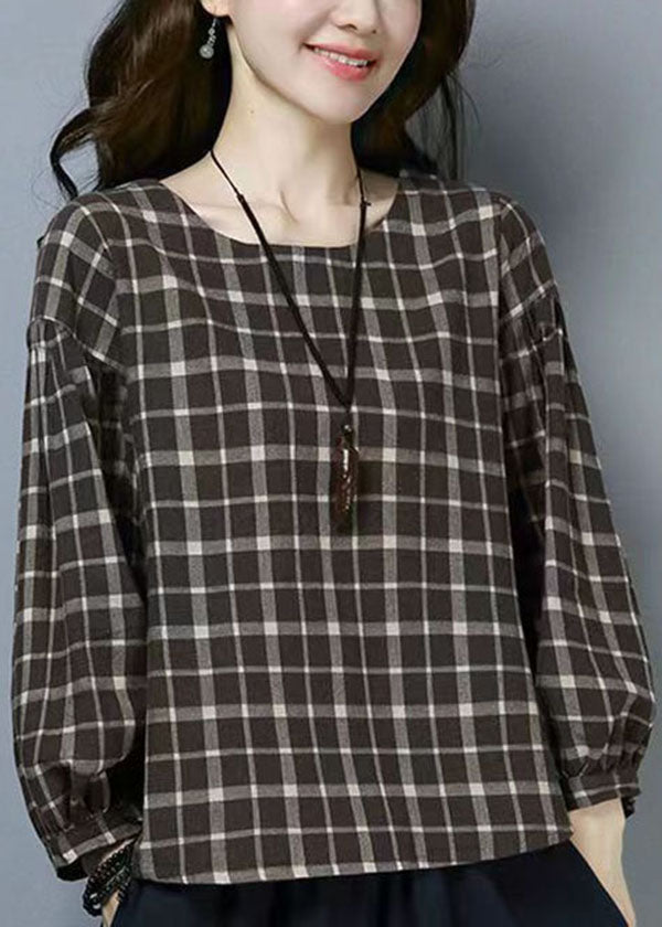 Casual Plaid O Neck Patchwork Cotton T Shirts Tops Long Sleeve LY6708 - fabuloryshop