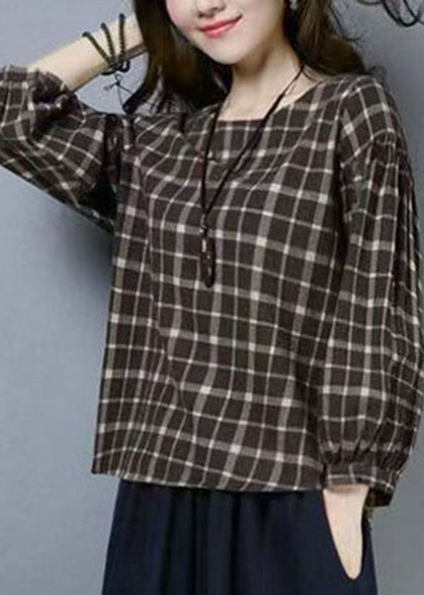 Casual Plaid O Neck Patchwork Cotton T Shirts Tops Long Sleeve LY6708 - fabuloryshop