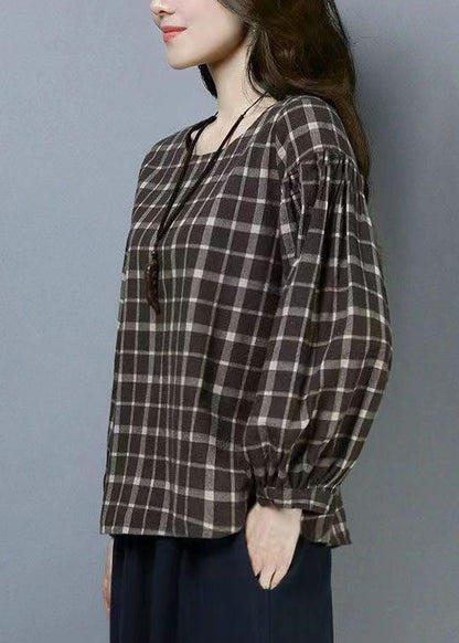 Casual Plaid O Neck Patchwork Cotton T Shirts Tops Long Sleeve LY6708 - fabuloryshop