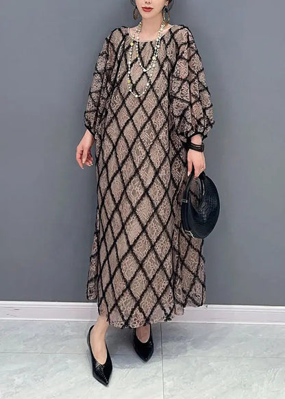 Casual Plaid O Neck Patchwork Tulle Long Dress Fall Ada Fashion