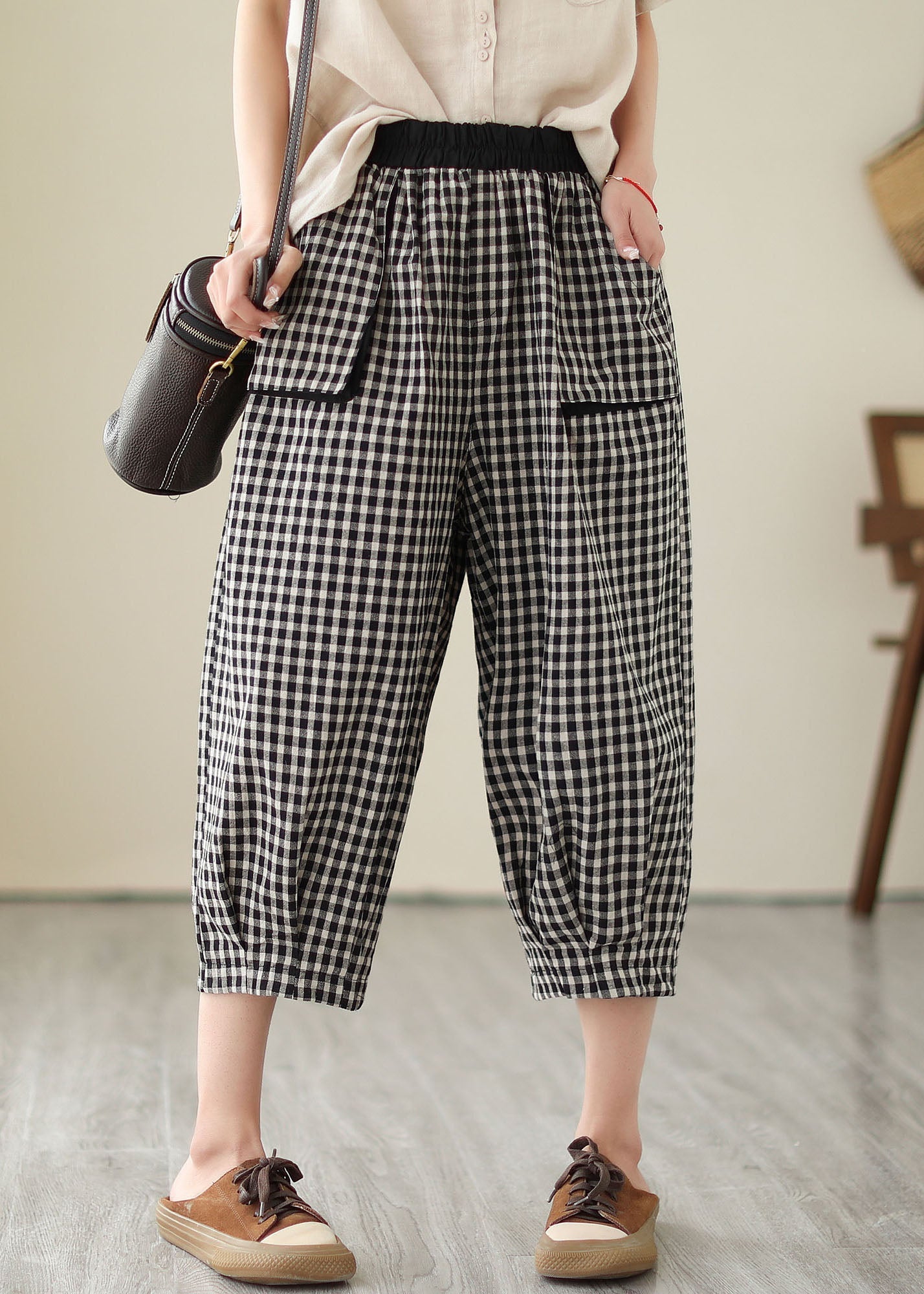 Casual Plaid Pockets Elastic Waist Patchwork Cotton Crop Pants Summer LY3961 - fabuloryshop