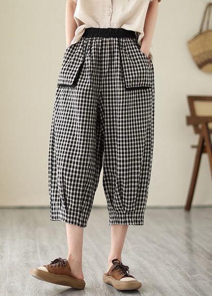 Casual Plaid Pockets Elastic Waist Patchwork Cotton Crop Pants Summer LY3961 - fabuloryshop