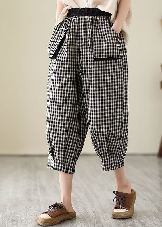 Casual Plaid Pockets Elastic Waist Patchwork Cotton Crop Pants Summer LY3961 - fabuloryshop