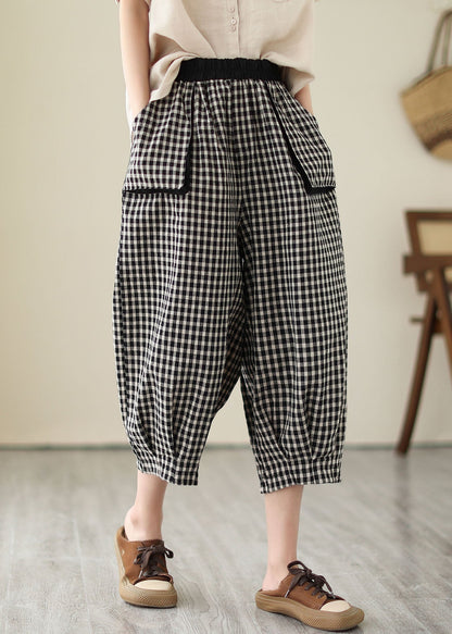 Casual Plaid Pockets Elastic Waist Patchwork Cotton Crop Pants Summer LY3961 - fabuloryshop