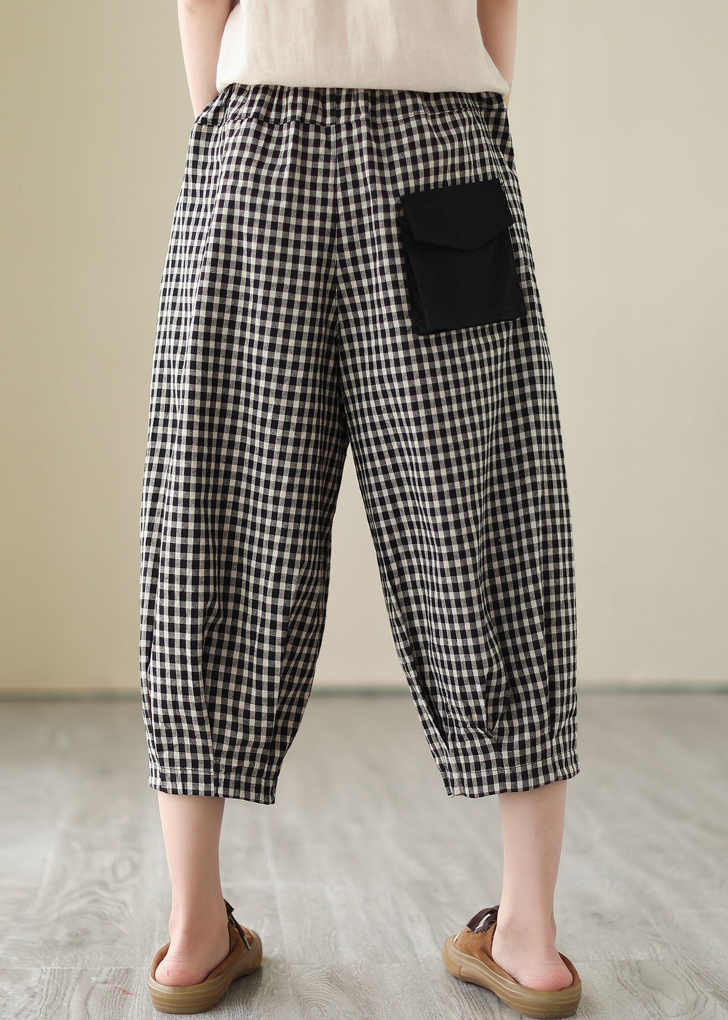 Casual Plaid Pockets Elastic Waist Patchwork Cotton Crop Pants Summer LY3961 - fabuloryshop