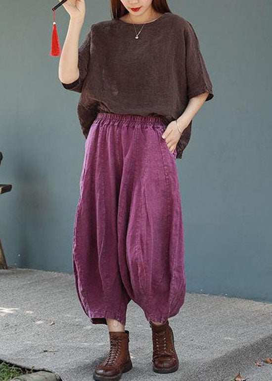 Casual Purple Elastic Waist Pockets Patchwork Cotton Lantern Pants Summer Ada Fashion