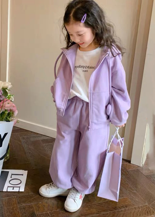 Casual Purple Hooded Top And Pants Cotton Baby Girls Two Pieces Set Fall Ada Fashion