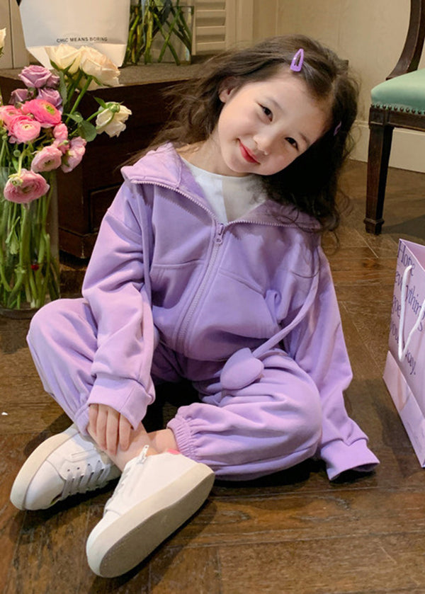 Casual Purple Hooded Top And Pants Cotton Baby Girls Two Pieces Set Fall Ada Fashion