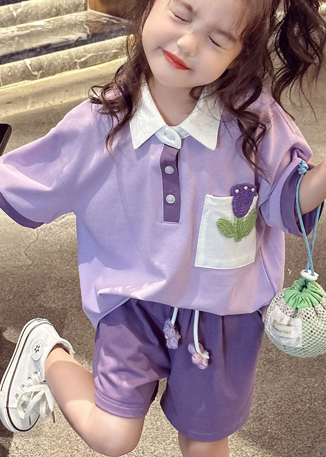 Casual Purple Peter Pan Collar Patchwork Cotton Baby Girls Sport Two Pieces Set Summer LY5511 - fabuloryshop