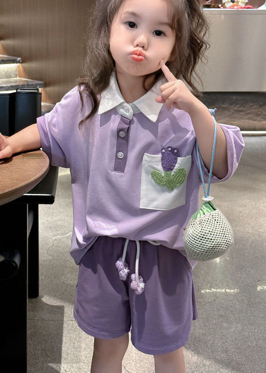 Casual Purple Peter Pan Collar Patchwork Cotton Baby Girls Sport Two Pieces Set Summer LY5511 - fabuloryshop