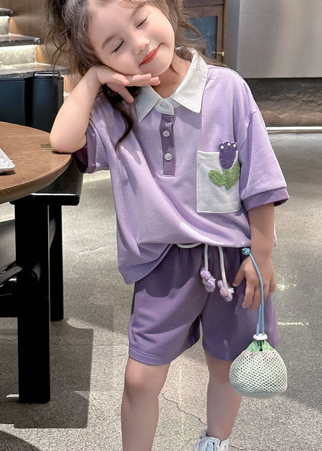 Casual Purple Peter Pan Collar Patchwork Cotton Baby Girls Sport Two Pieces Set Summer LY5511 - fabuloryshop