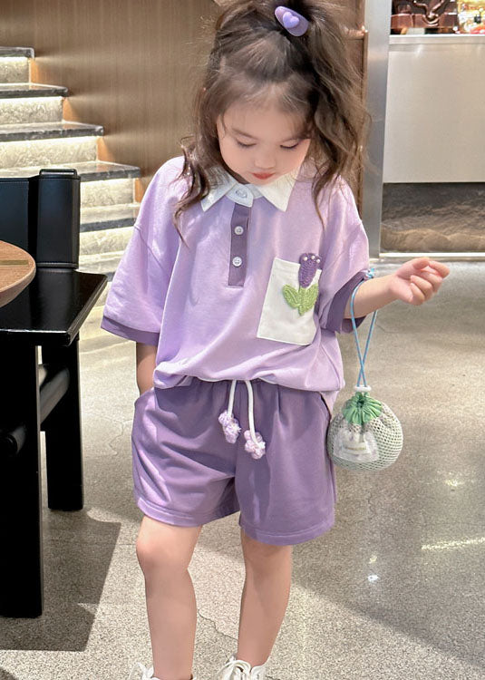 Casual Purple Peter Pan Collar Patchwork Cotton Baby Girls Sport Two Pieces Set Summer LY5511 - fabuloryshop