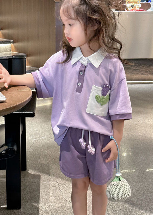 Casual Purple Peter Pan Collar Patchwork Cotton Baby Girls Sport Two Pieces Set Summer LY5511 - fabuloryshop