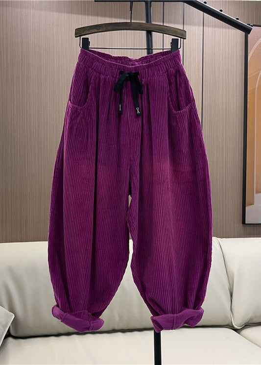 Casual Purple Pockets Elastic Waist Patchwork Corduroy Pants Fall Ada Fashion