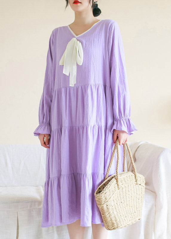 Casual Purple V Neck Patchwork Cotton Maxi Dress Long Sleeve TI1013 - fabuloryshop