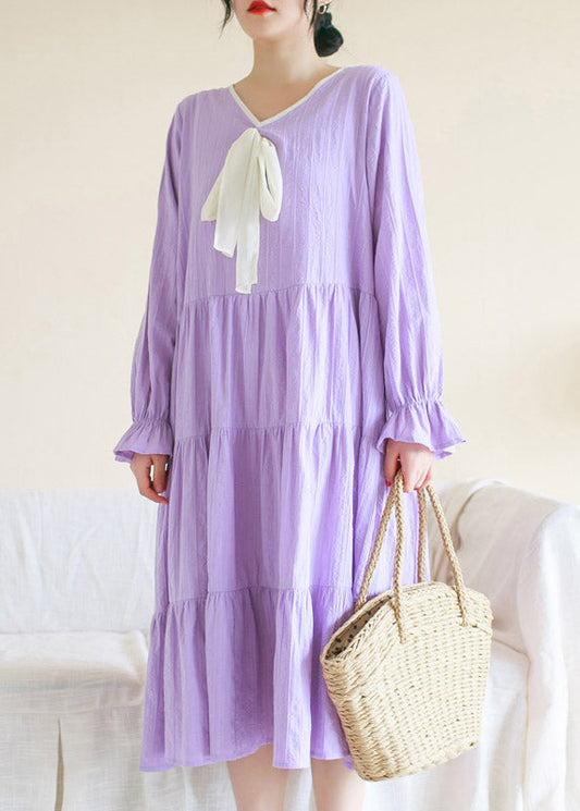 Casual Purple V Neck Patchwork Cotton Maxi Dress Long Sleeve TI1013 - fabuloryshop