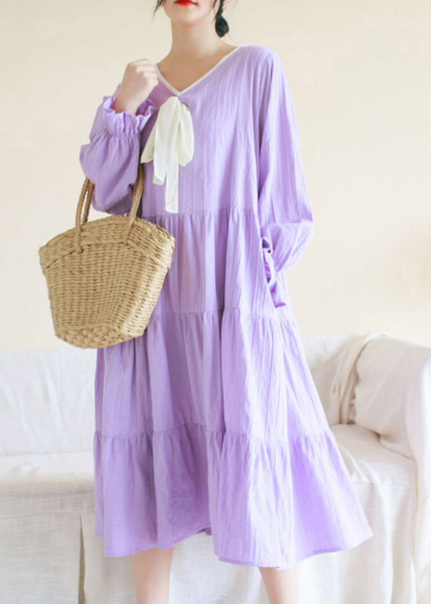 Casual Purple V Neck Patchwork Cotton Maxi Dress Long Sleeve TI1013 - fabuloryshop