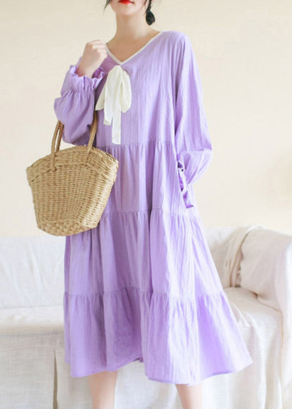 Casual Purple V Neck Patchwork Cotton Maxi Dress Long Sleeve LY4515 - fabuloryshop