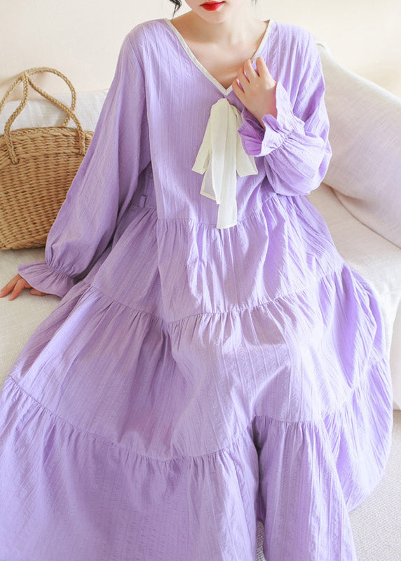 Casual Purple V Neck Patchwork Cotton Maxi Dress Long Sleeve TI1013 - fabuloryshop