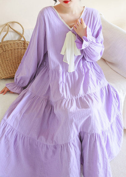 Casual Purple V Neck Patchwork Cotton Maxi Dress Long Sleeve LY4515 - fabuloryshop