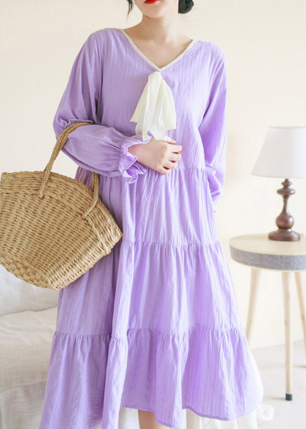 Casual Purple V Neck Patchwork Cotton Maxi Dress Long Sleeve TI1013 - fabuloryshop