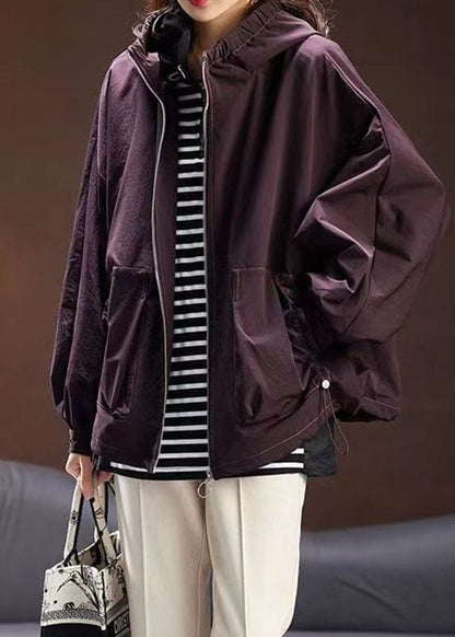 Casual Purple Zippered Patchwork Drawstring Hooded Coat Fall Ada Fashion