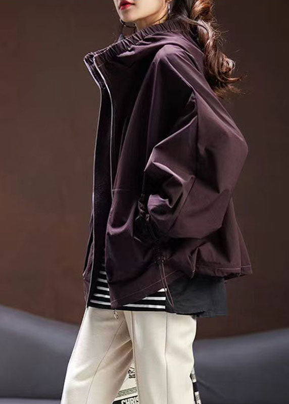 Casual Purple Zippered Patchwork Drawstring Hooded Coat Fall Ada Fashion