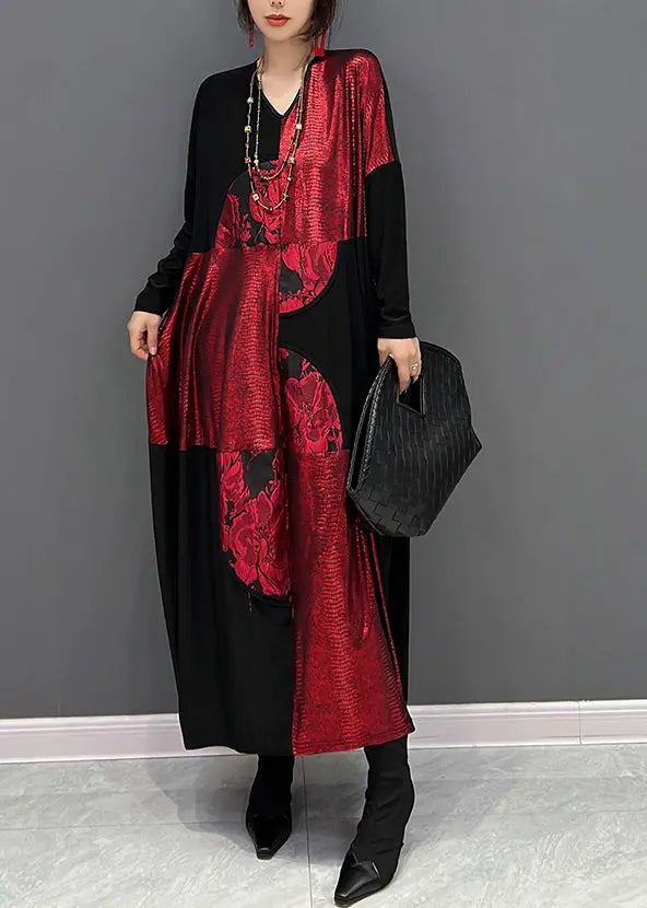 Casual Red Black V Neck Print Patchwork Cotton Long Dress Fall Ada Fashion