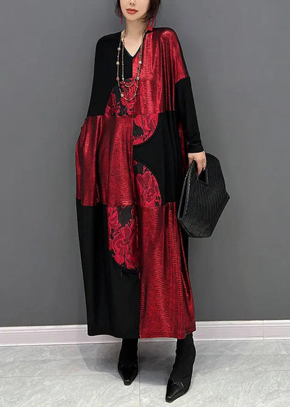 Casual Red Black V Neck Print Patchwork Cotton Long Dress Fall Ada Fashion