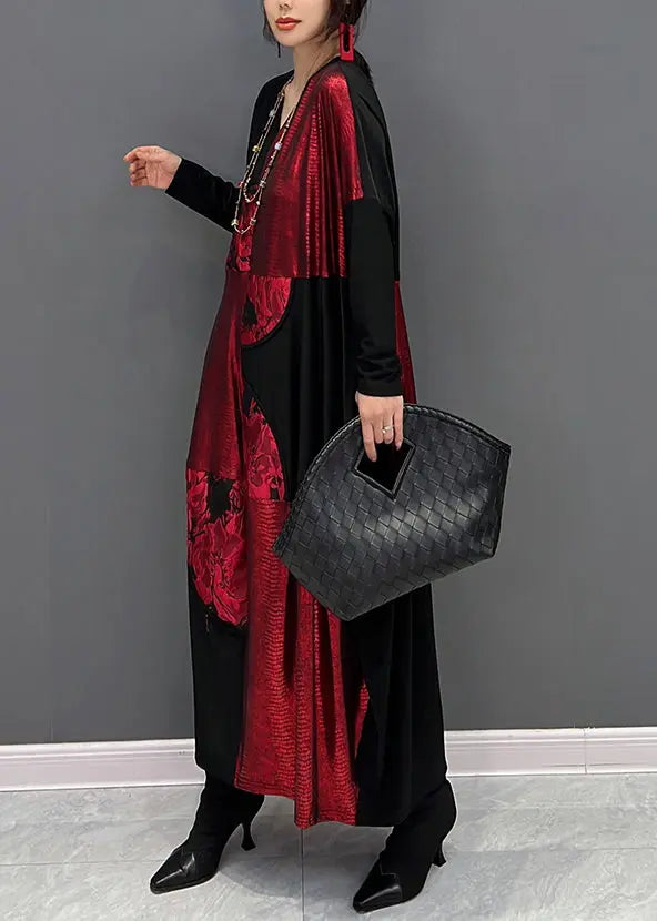 Casual Red Black V Neck Print Patchwork Cotton Long Dress Fall Ada Fashion