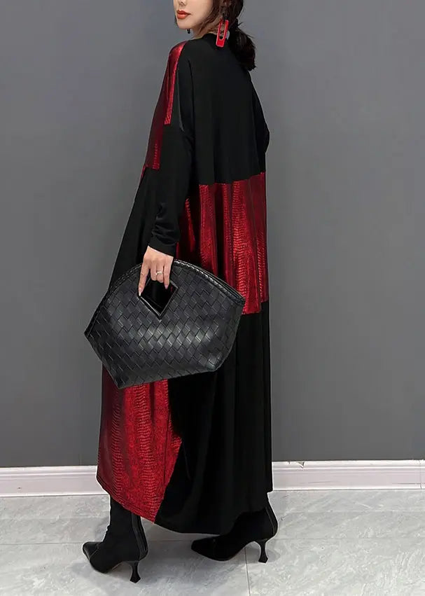 Casual Red Black V Neck Print Patchwork Cotton Long Dress Fall Ada Fashion