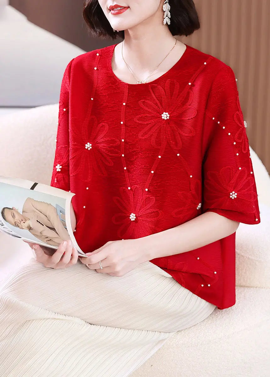 Casual Red Embroidered Nail Bead T Shirts Summer Ada Fashion