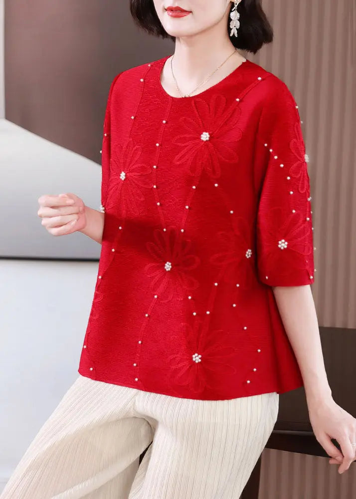 Casual Red Embroidered Nail Bead T Shirts Summer Ada Fashion