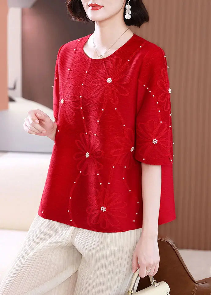 Casual Red Embroidered Nail Bead T Shirts Summer Ada Fashion