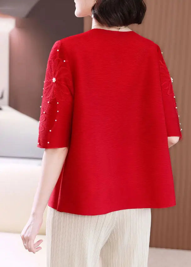 Casual Red Embroidered Nail Bead T Shirts Summer Ada Fashion