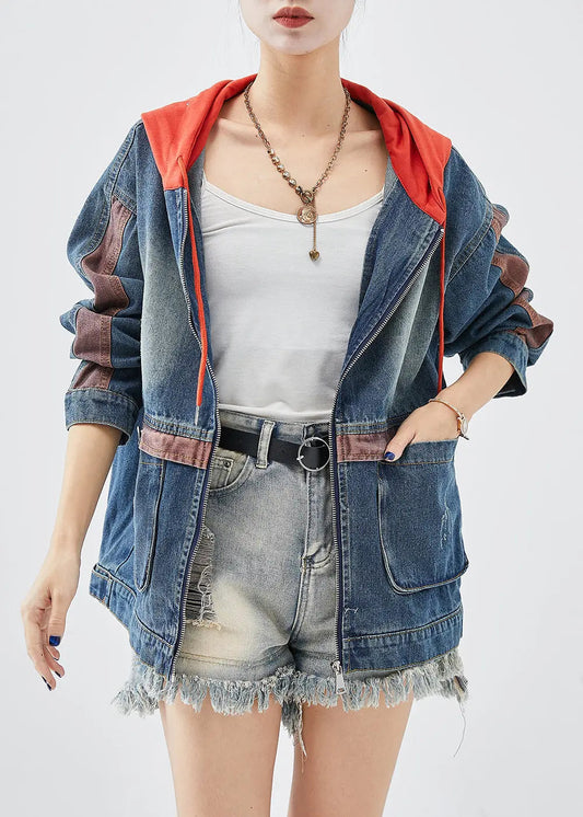 Casual Red Hooded Patchwork Denim Coats Fall Ada Fashion