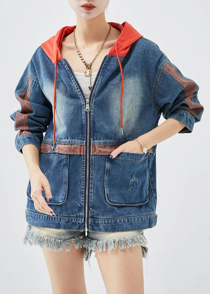 Casual Red Hooded Patchwork Denim Coats Fall Ada Fashion