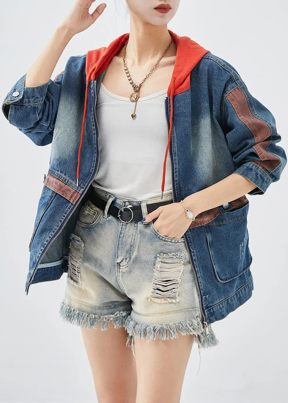 Casual Red Hooded Patchwork Denim Coats Fall Ada Fashion