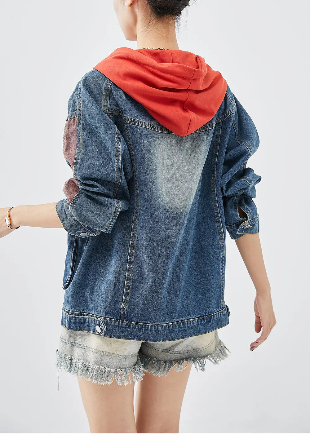 Casual Red Hooded Patchwork Denim Coats Fall Ada Fashion