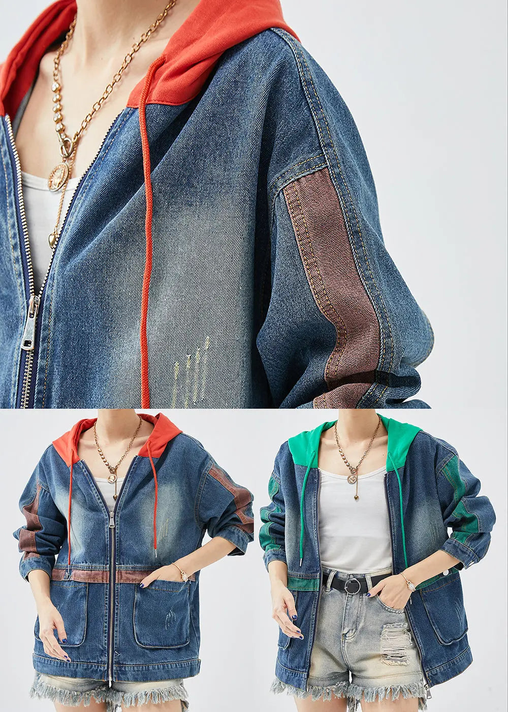 Casual Red Hooded Patchwork Denim Coats Fall Ada Fashion