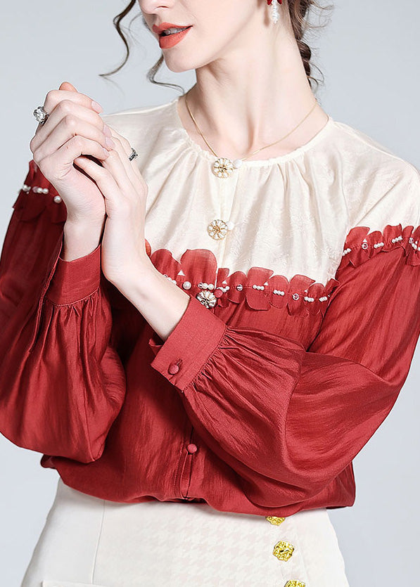 Casual Red O-Neck Patchwork Button Silk Shirt Long Sleeve LY0715 - fabuloryshop