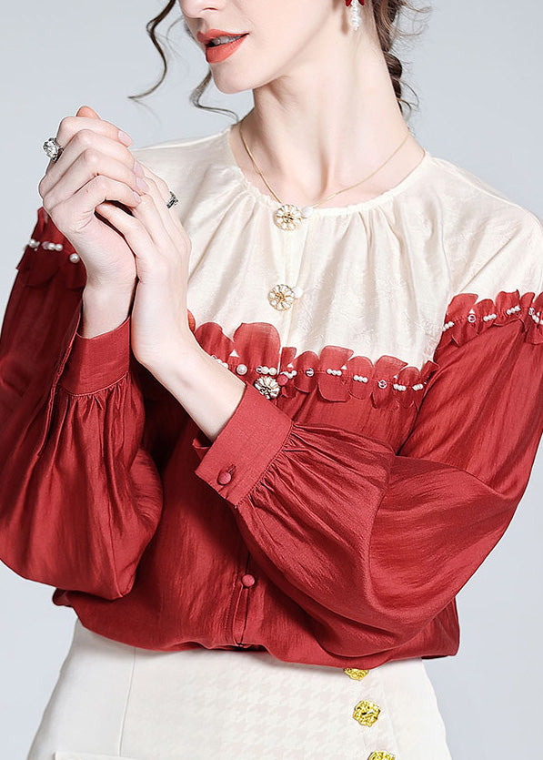 Casual Red O-Neck Patchwork Button Silk Shirt Long Sleeve AC3021